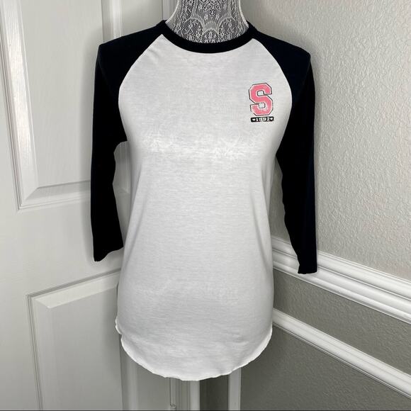 SKECHERS Womens 3/4 Long Sleeve Crewneck Cotton Blend Baseball Tee Shirt XS - Picture 1 of 6
